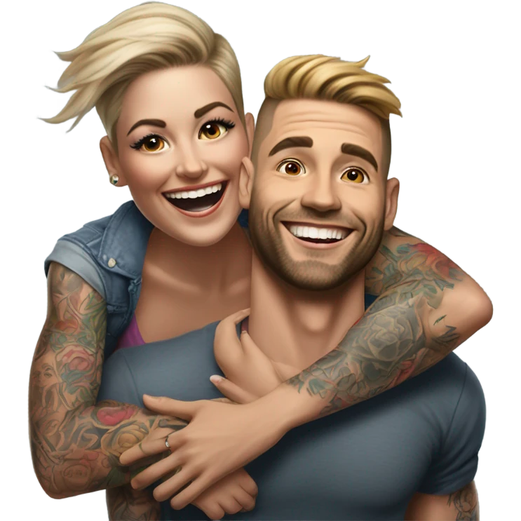 Hyper Realistic beautiful woman getting a piggy back off a handsome tattooed man laughing  emoji