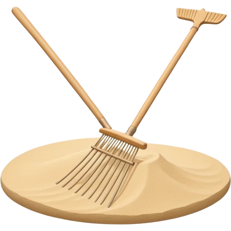 Minimalist emoji of a traditional Japanese zen garden rake (kumade) thin and balanced lines, natural light wood texture, soft sand-beige and warm neutral tones, flat vector style with subtle depth, centered composition, transparent background emoji