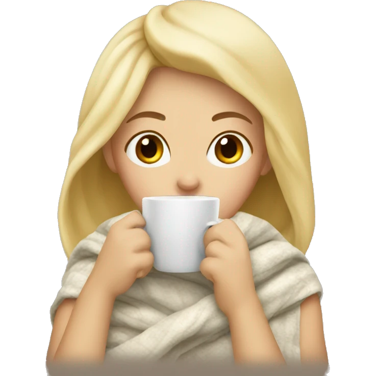 Blonde girl in blanket drinking coffee  emoji