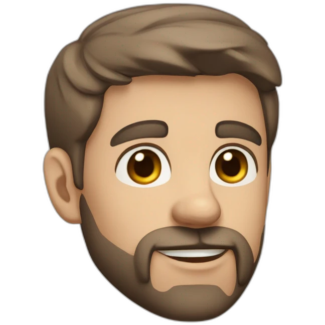 A young Caucasian man with dark brown, almond-shaped eyes, short dark brown hair, and a small dark brown beard with a more prominent mustache. emoji