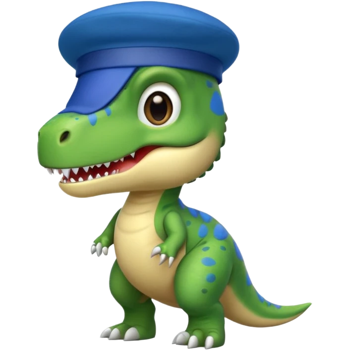 Let’s do a cute green T Rex dinosaur with a blue beret  emoji