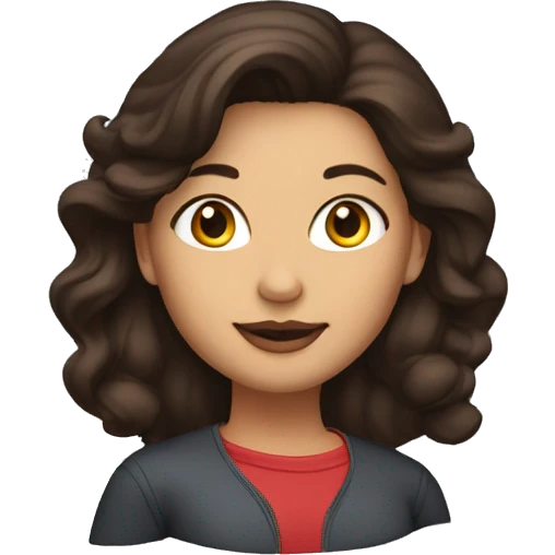 woman with a red long sleeve tshit, dark brown hair and dark brown eyes, has golden earrings and has two airplanes as eyes emoji