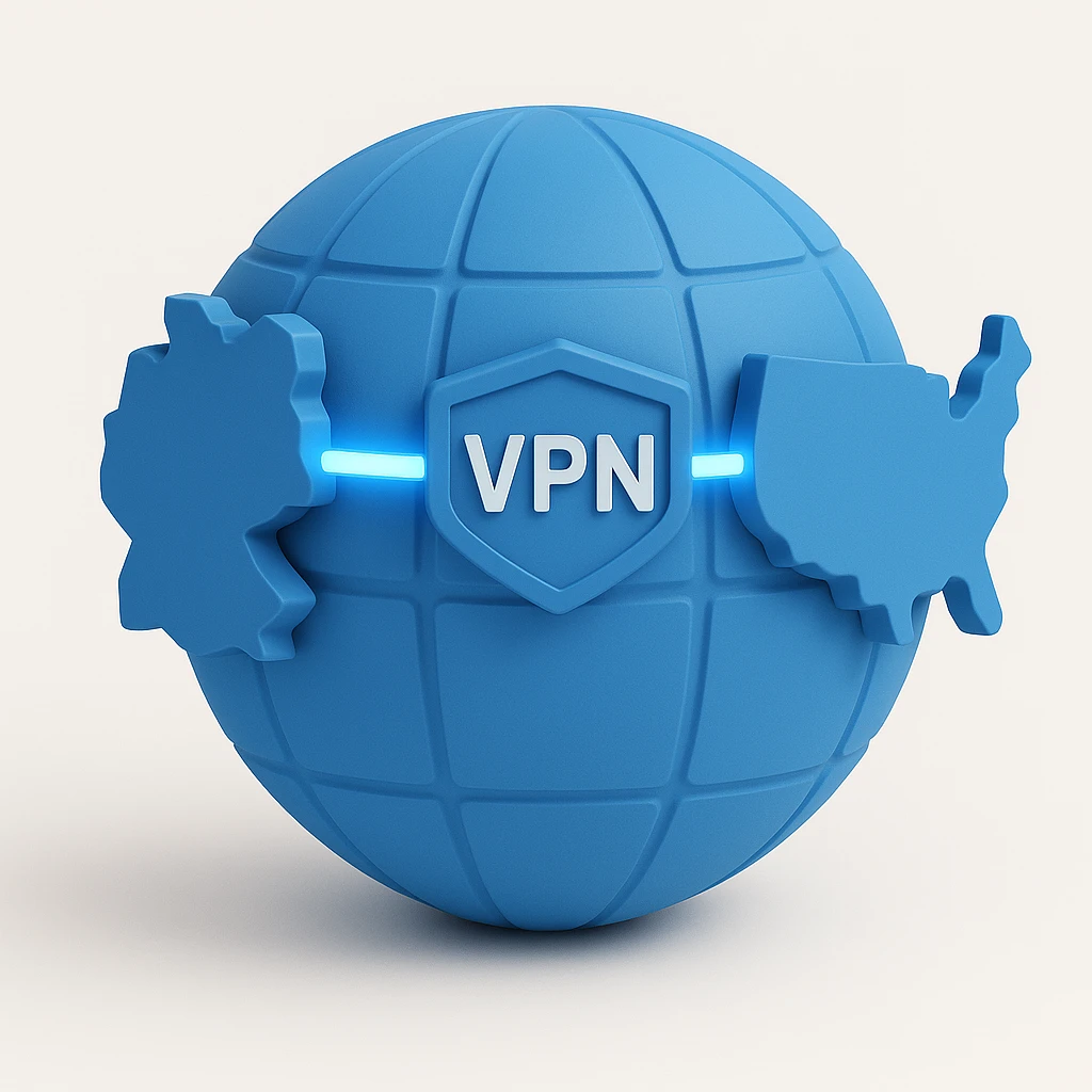 Make the VPN connection line between Germany and USA glow with a blue color scheme on a playful 3D globe with realistic shading and depth. emoji