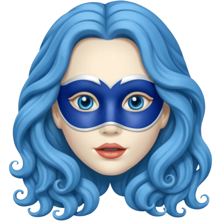 Life like mask of female with long wavy blue hair, empty eyes and mouth emoji