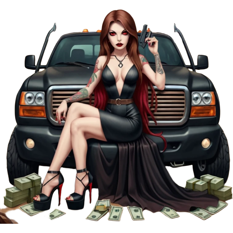Lilith symbol red eye seductress evil long brown haired sexy succubus woman with leather long dress with slit, sitting in Big Large F350 pickup truck. Black Platform high heels on feet. Tattoo sleeve arms, seat full of stacks of cash, and a man dead human skull of her enemies and a gun in other hand emoji