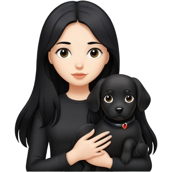 A girl with long black hair wearing black clothes holding a black dog in one hand emoji
