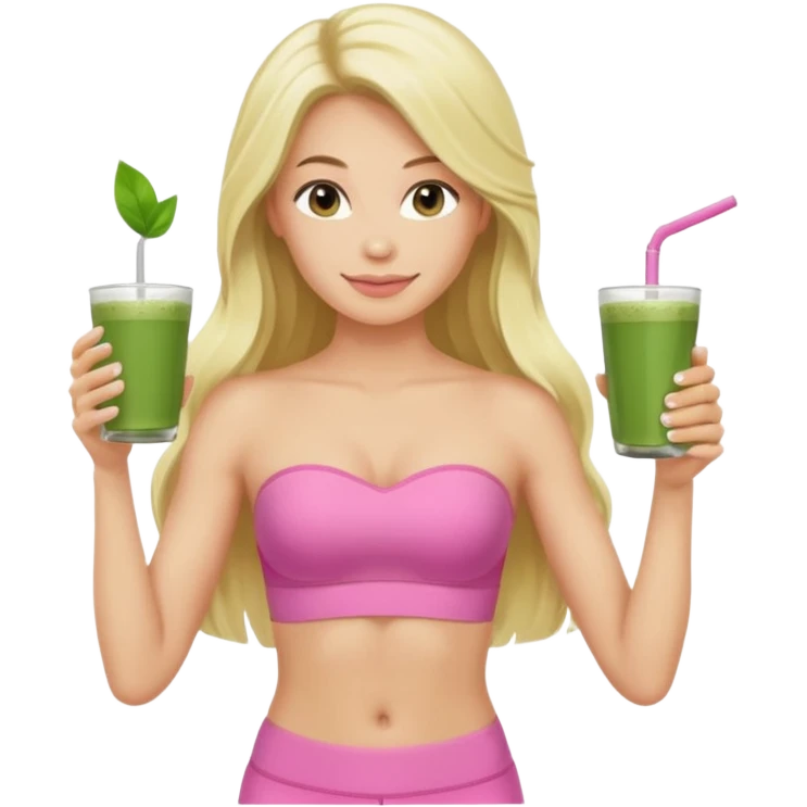long haired blonde pilates instructor in pink drinking matcha in cute set with no straps emoji