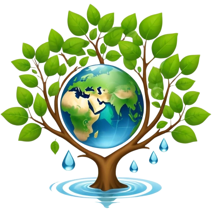 An icon featuring a tree, a recycling symbol, and a globe, representing ecology. The design includes green leaves, a water droplet, and wildlife, symbolizing the study of ecosystems, sustainability, and environmental protection. Transparent background. emoji