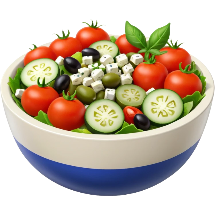 mediterranean salad bowl object icon, tomatoes, cucumbers, olives, feta cheese, olive oil dressing, 3D cartoon, mobile game icon style, clean background, no text, no watermark
 emoji