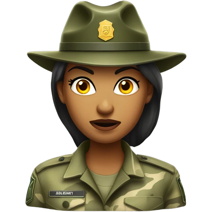 a female drill sergeant character wearing a classic sergeant hat and a camouflage army shirt. The character should have an angry intense expression. full torso emoji