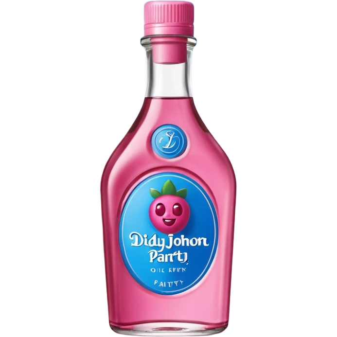 bottle of oil blue top pink outside with logo that says Diddy Party oil Johnson and Johnson  brand with a smiling berry on top emoji