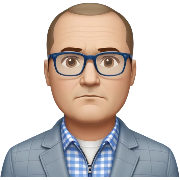 50-year-old heavyset man with very wide face and prominent square jawline. Short straight hair combed to the side, not balding. Large dark square glasses. Serious-relaxed expression. Light gray jacket that fits his larger frame, white shirt with blue checkered pattern. emoji