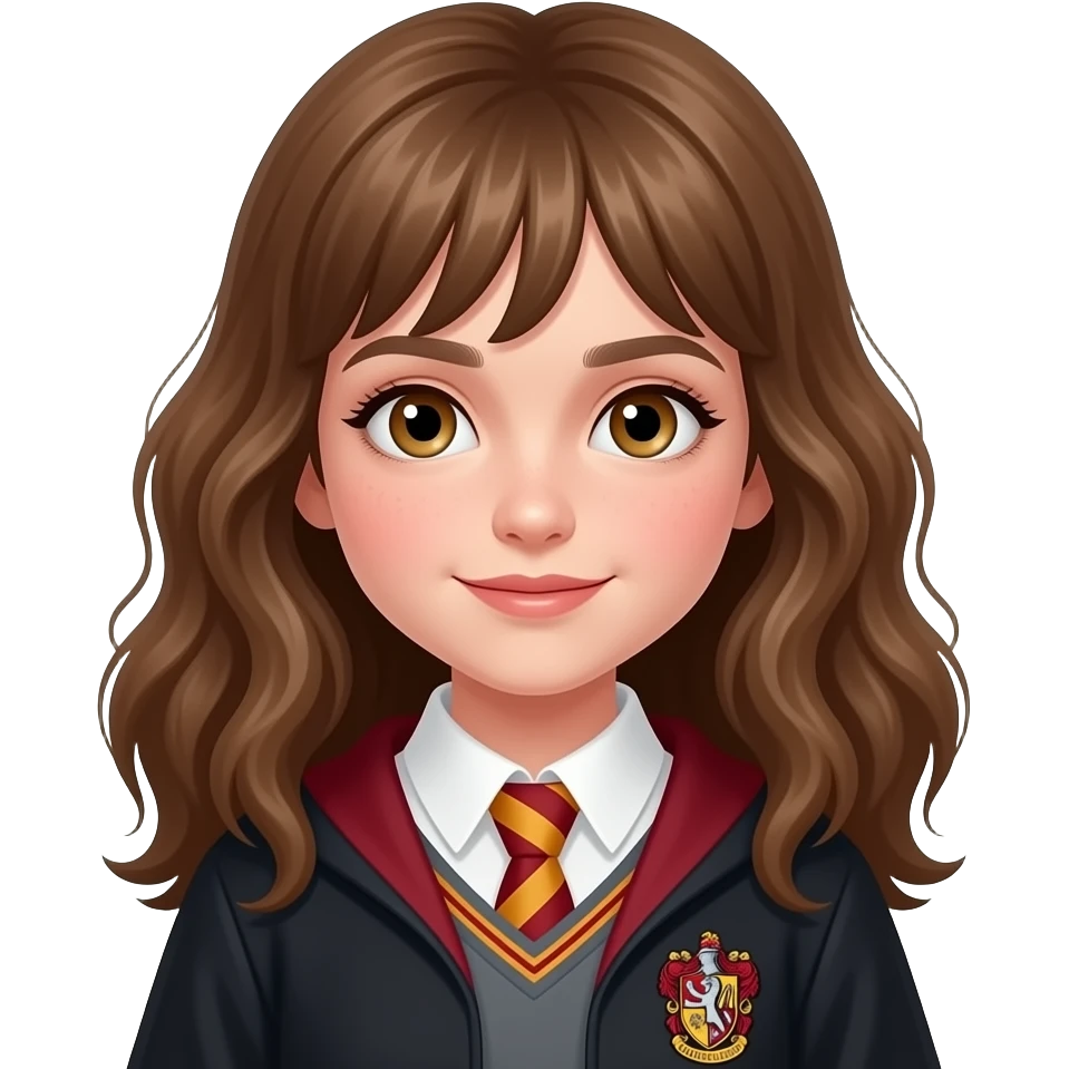 Hermione Granger emoji, Apple style, clean 3D, soft gradients, teenage girl age 15–16, bushy brown hair, expressive eyes, Gryffindor accents, minimal icon, centered, white background, high detail emoji