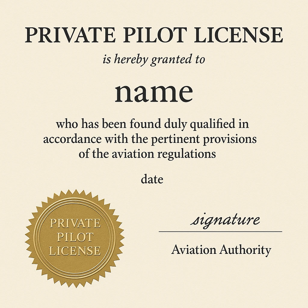 formal private pilot license design with a gold seal and official typography emoji