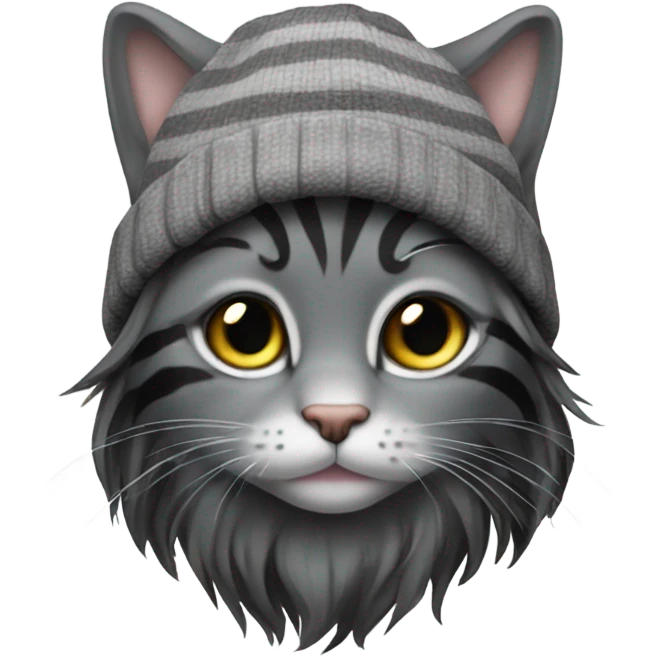 Gray and Black long hair stripe Cat wearing beanie emoji