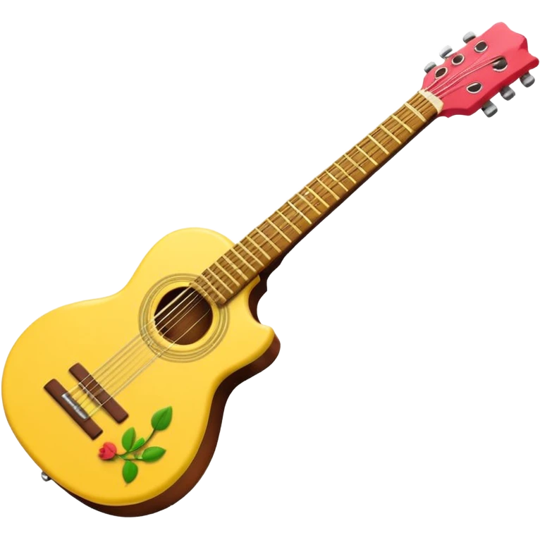 Un emoji estilo iPhone de una guitarra desarmanle vacía por dentro , con cuerpo color amarillo/dorado, mástil marrón y clavijas doradas. En el clavijero, en la parte superior izquierda, lleva una rosa roja con hojas verdes. El diseño debe ser minimalista, limpio, con bordes suaves y sombreados, emoji
