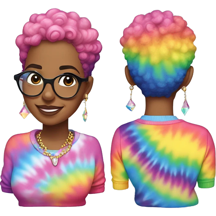 Plus size black woman with pink curly pixie cut hair and a rainbow tie dye sweater , and diamond stud earrings  emoji