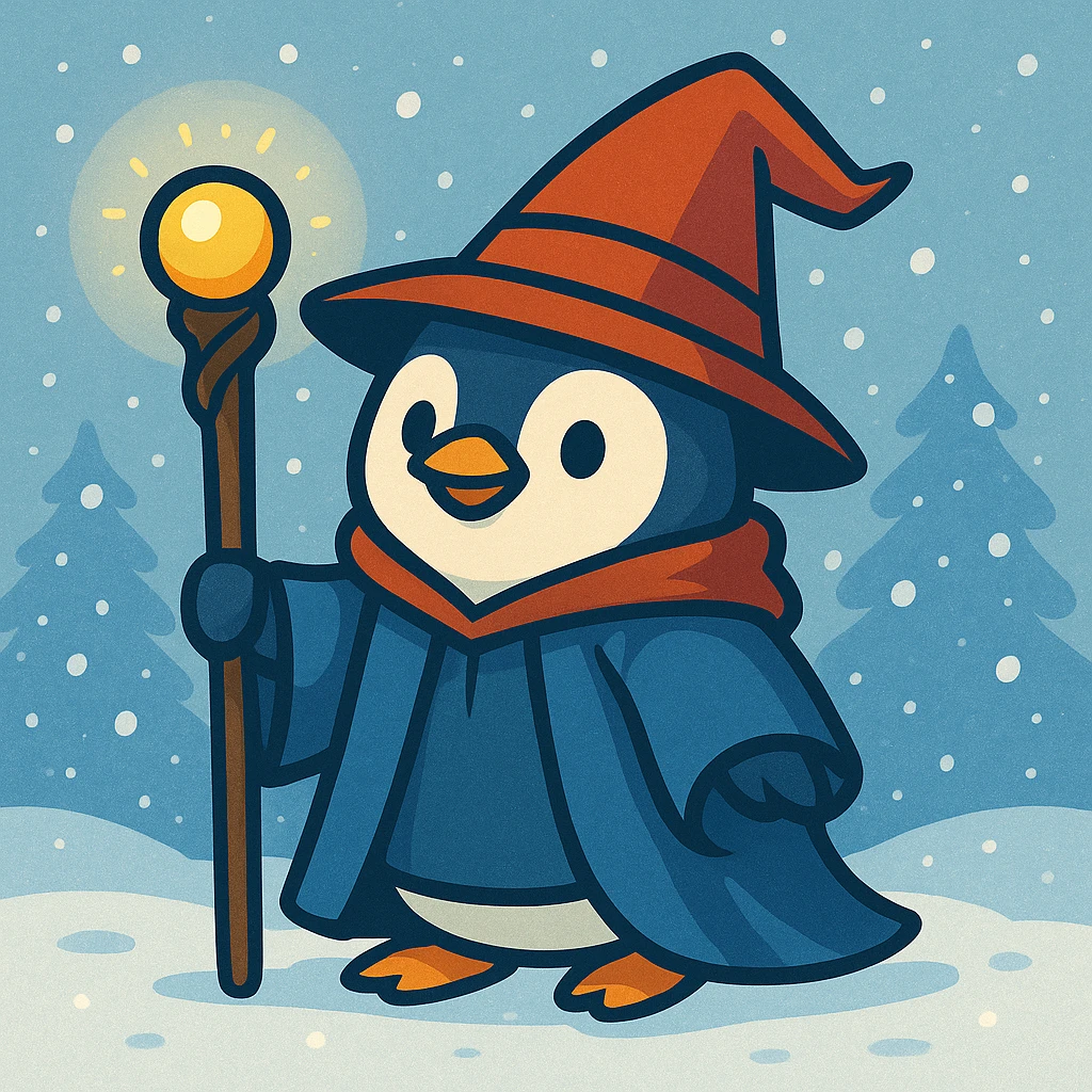 Add a snowy background behind the penguin wizard, keeping the whimsical style. emoji