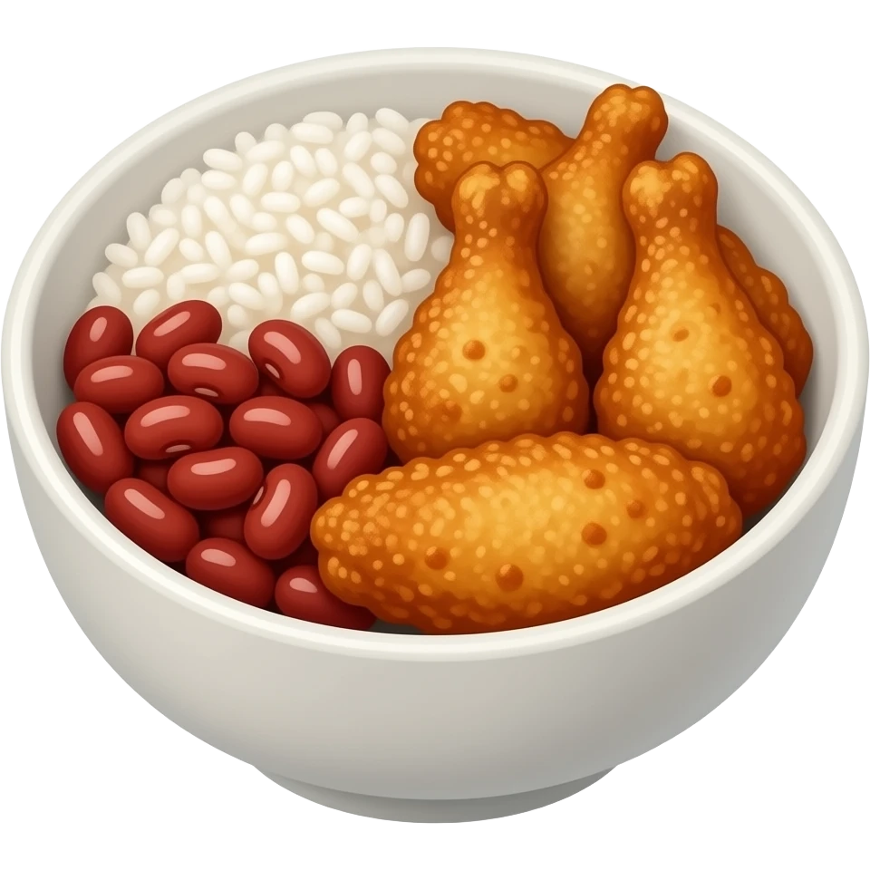 iOS style Bowl of Fried chicken wings, a scoop of white rice, and red beans with sliced sausages emoji