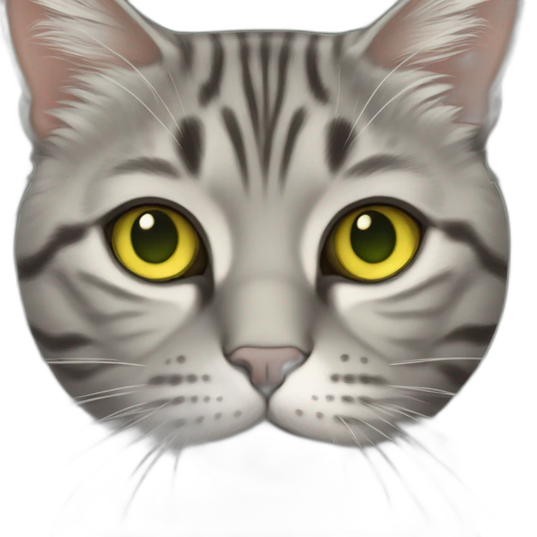american short hair cat- tabby- a little bit fat- green yellow eyes- the distances between eyes is a little bit far- gray hair fluffy- short face- emoji