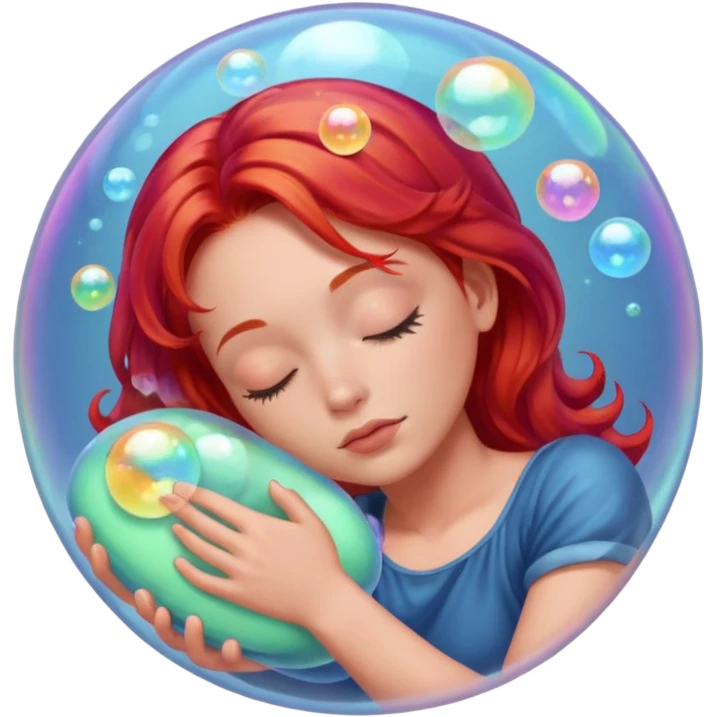 soap bubble with sleeing woman inside red hair emoji