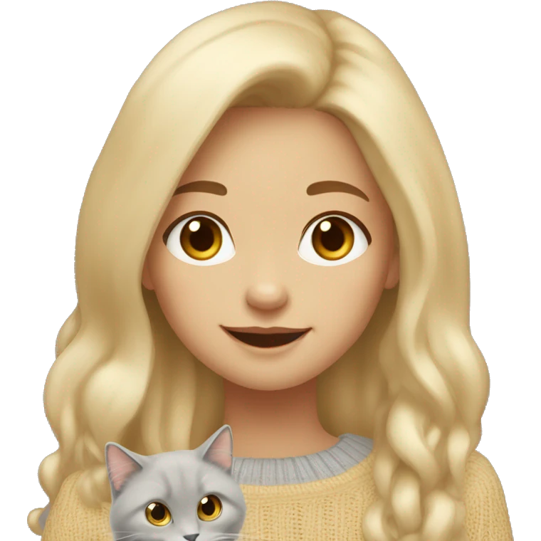 Girl with colored blonde long hair wearing a beige sweater. She is wearing gold big earings. In her arms there is a grey ragdoll cat smiling.  emoji