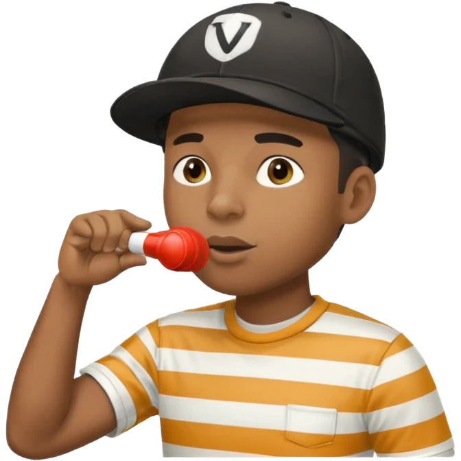 A black calm referee with striped shirt, wearing a sport cap while blowing a whistle, pointing clearly toward the field. emoji