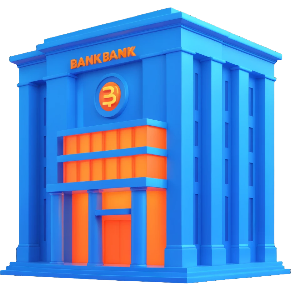 bank building emoji with a digital virtual twist, metallic facade, glowing blue accents, futuristic look emoji