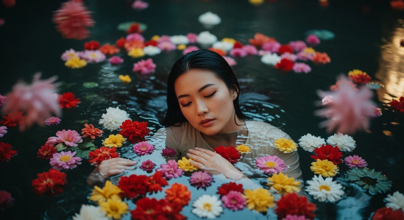 Camera drom top, Motion blur Extreme Closeup photo of a beautifull woman lay around beautifull colorfull flowers in water, cinematic light, 8K, very detailed, sharp, depth (foreground, midground, background) Spotlight, dark environemnt emoji