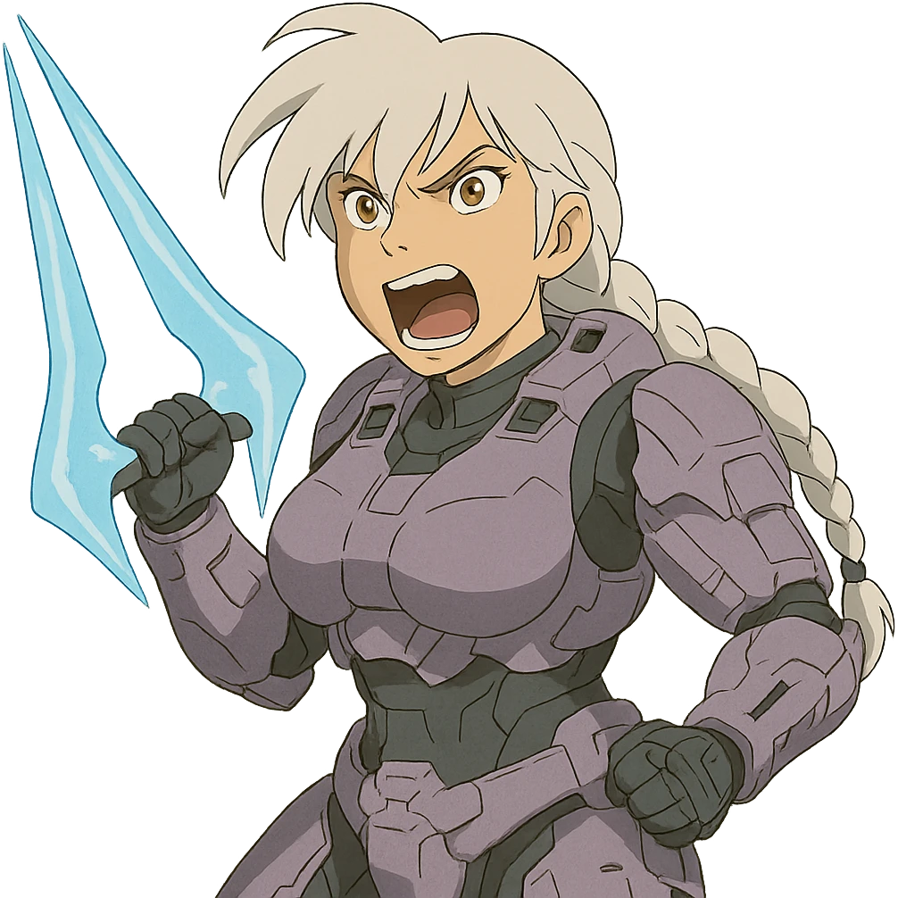 female, wearing reach spartan armor default, long white braid hair with massive messy front side single bangs, gold yellow eyes, attention pose, HALO:series, no helmet, the armor is lavender color scheme, shoulder pad off. DDD bust size fitting. Punk gothic cyberpunk, brandishing a covenant energy sword, preparing to swing and yelling emoji