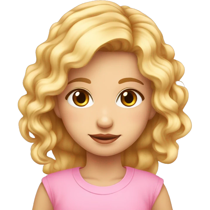 Niña rubia con pelo rizado, pasador rosa, nariz redondita y ojos marrones. Camiseta rosA. emoji