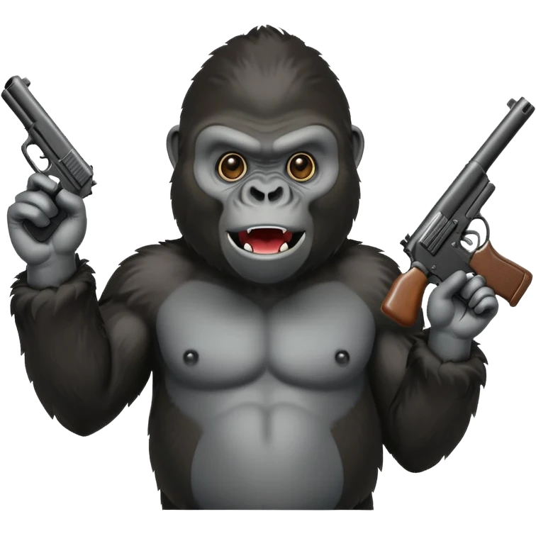 A gorilla holding a gun in the air making a silly face emoji