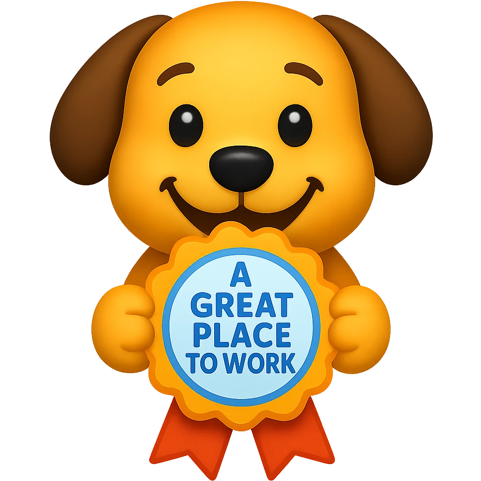 emoji style dog holding a ribbon with the text 'a great place to work' written in blue emoji