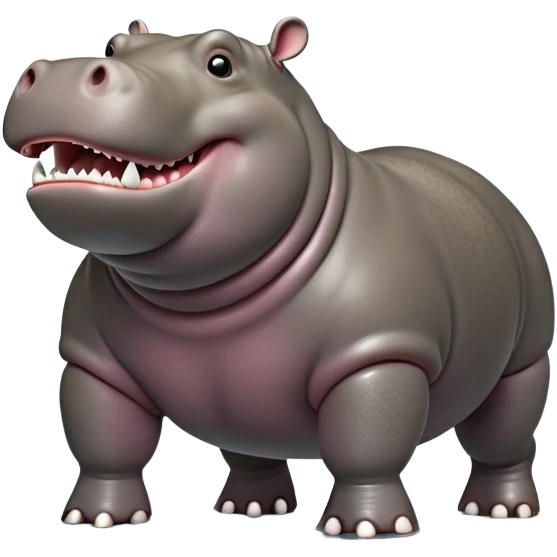 cinematic-hippo-realistic-full-body side view-standing on all fours-emoji,-massive-round-frame,-wide-mouthed-grin-exposing-huge-teeth,-head-tilted-dramatically,-thick-greyish-brown-hide-glossy-from-water,-simplified-yet-realistic-focused-features,-highly-detailed,-glowing-with-an-almost-sarcastic-glow showing only 4 theeth emoji