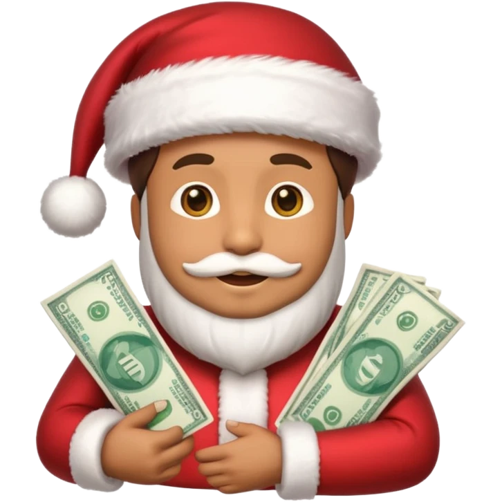 A confident rich emoji face wearing a Santa hat, money stacks, casino vibe, New Year theme, premium 3D emoji style, sharp details, no text, isolated on transparent background emoji