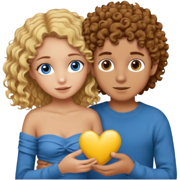 a girl with brown hair and brown eyes and a  boy with blonde kinda curly hair with blue eyes doing something romantic he’s wearing a brown knit jumper and girl is wearing a yellow bandeau top  emoji