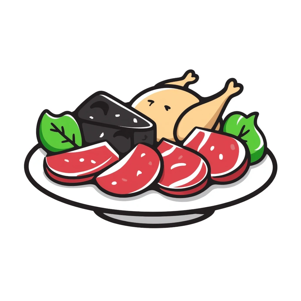 A plate with red meat, chicken, spinach, and cheese arranged together. emoji