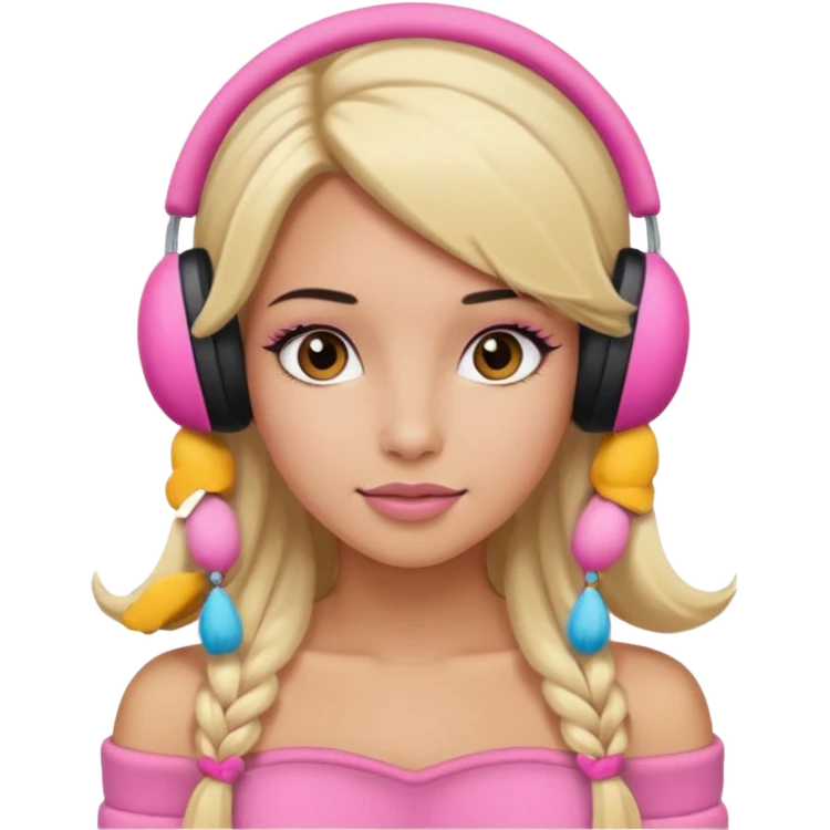 Mädchen mit blondem glattem langem Haar und rosanen top ohne Träger und rosa  Winterohrenschützer und latina make up emoji