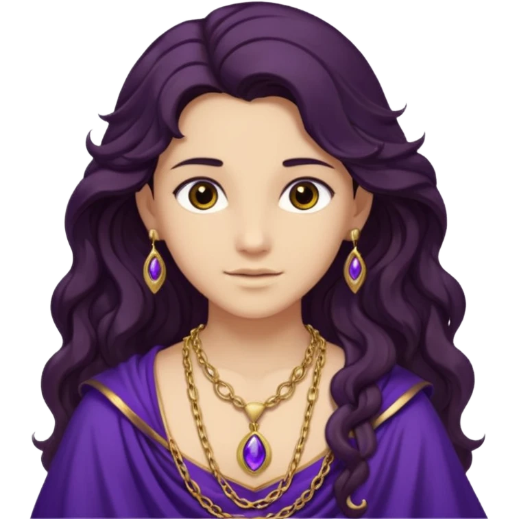 Libera from Olympus Gods with long dark brown wavy hair, dark purple stola emoji