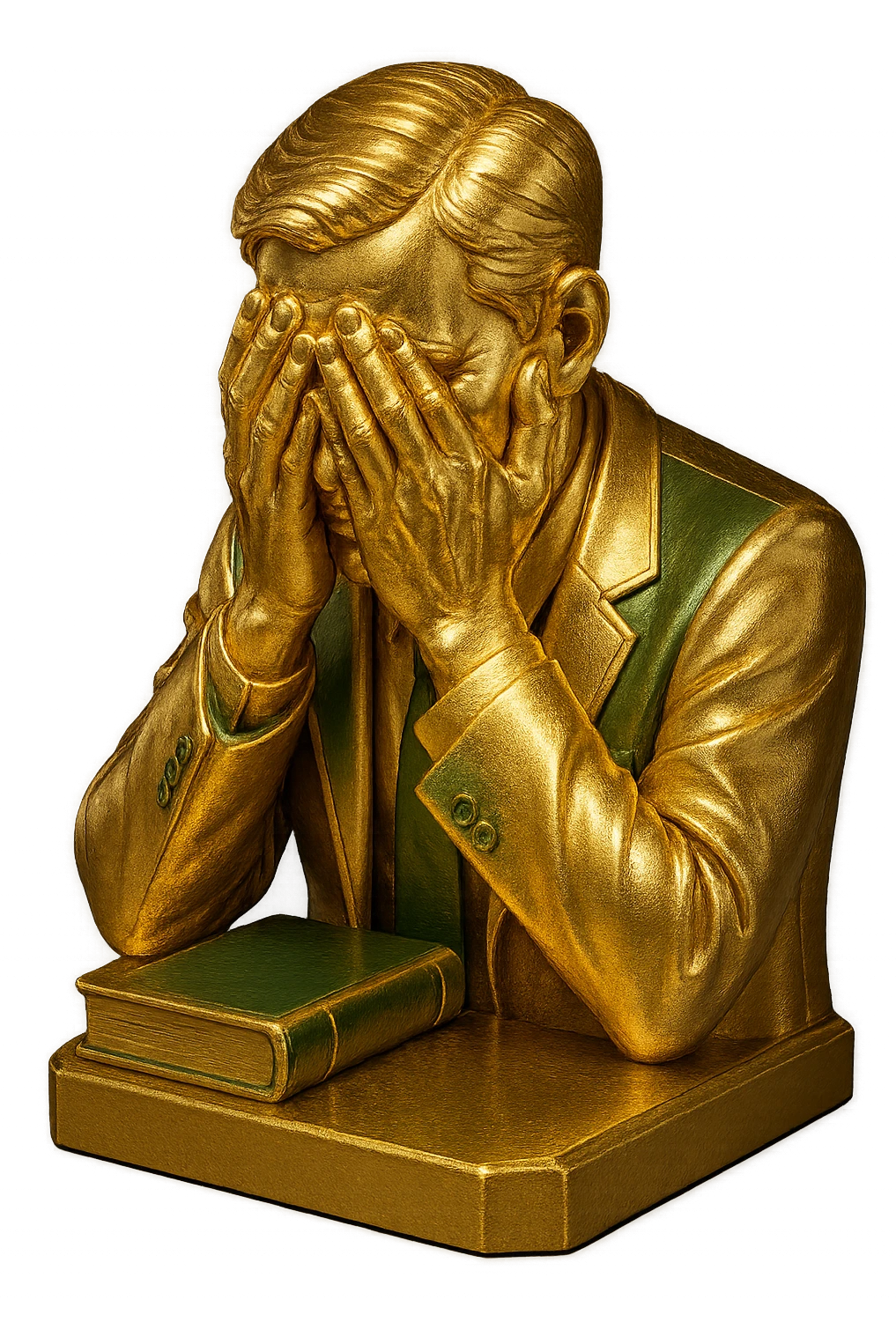 teacher with head in hands, burnt out, professional style, green gold and white color scheme, bold and clear, suitable for digital use emoji