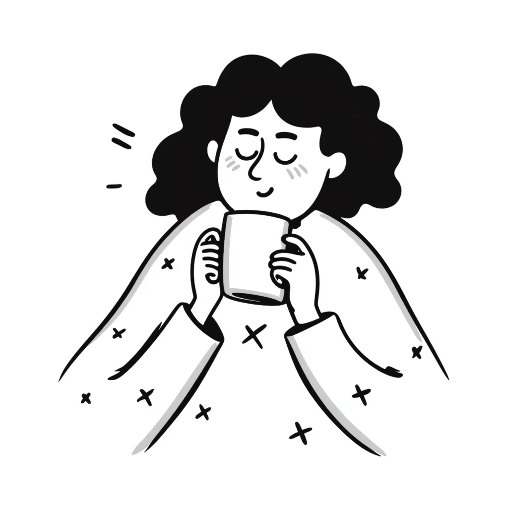 White girl with curly brunette hair snuggled in a blanket sipping coffee with eyes closed, feeling warm and content emoji