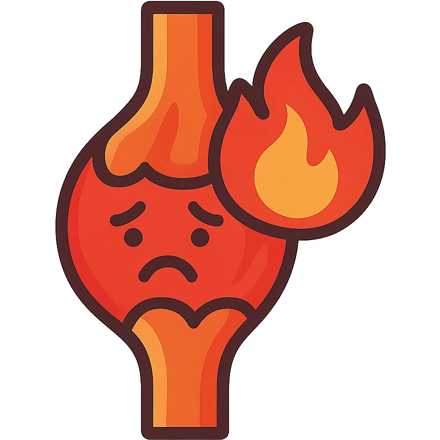 cartoon icon of an inflamed muscle or joint with a fire symbol, sad face, orange-red color palette, medical cartoon style emoji