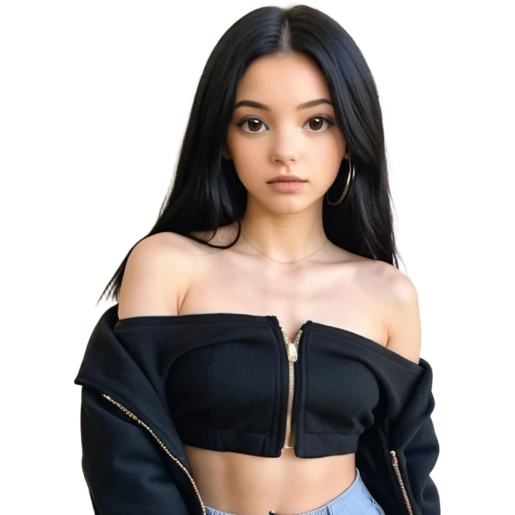 Siyah uzun saçlı siyah ceket  polar ceket ceket gevşek biraz omzundan çıkıyormuş gibi ve bugday ten rengi soltaraftaki omzundan çıkık sadece içinde de siyah crop var crop açık esmer esmer ceketin içinde siyah crop var be cropta omzuna bağlı ceketin sol üstü omzunun istinde emoji