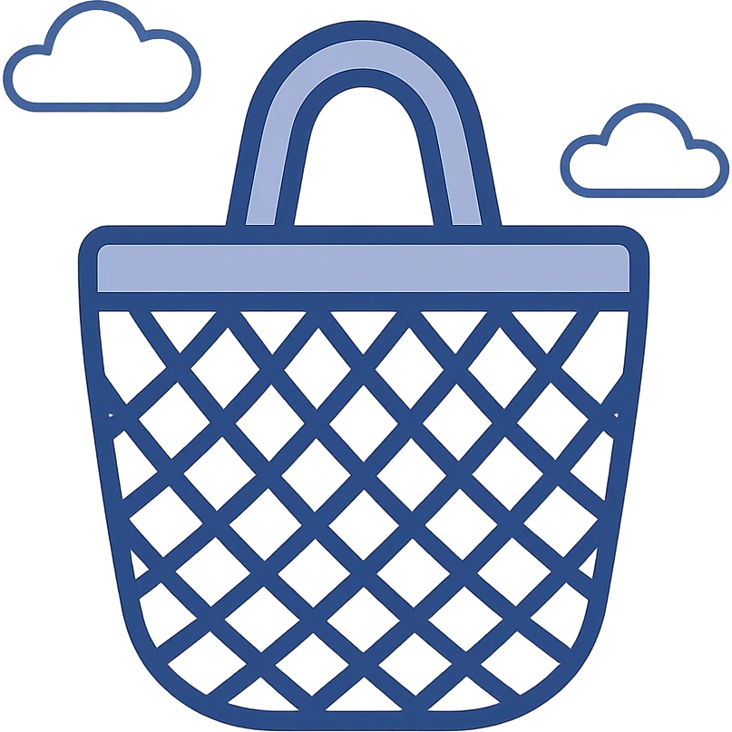 clean blue mesh tote bag emoji icon, flat design, minimal, soft blue, small handle, netting look, optimized for small size clarity emoji