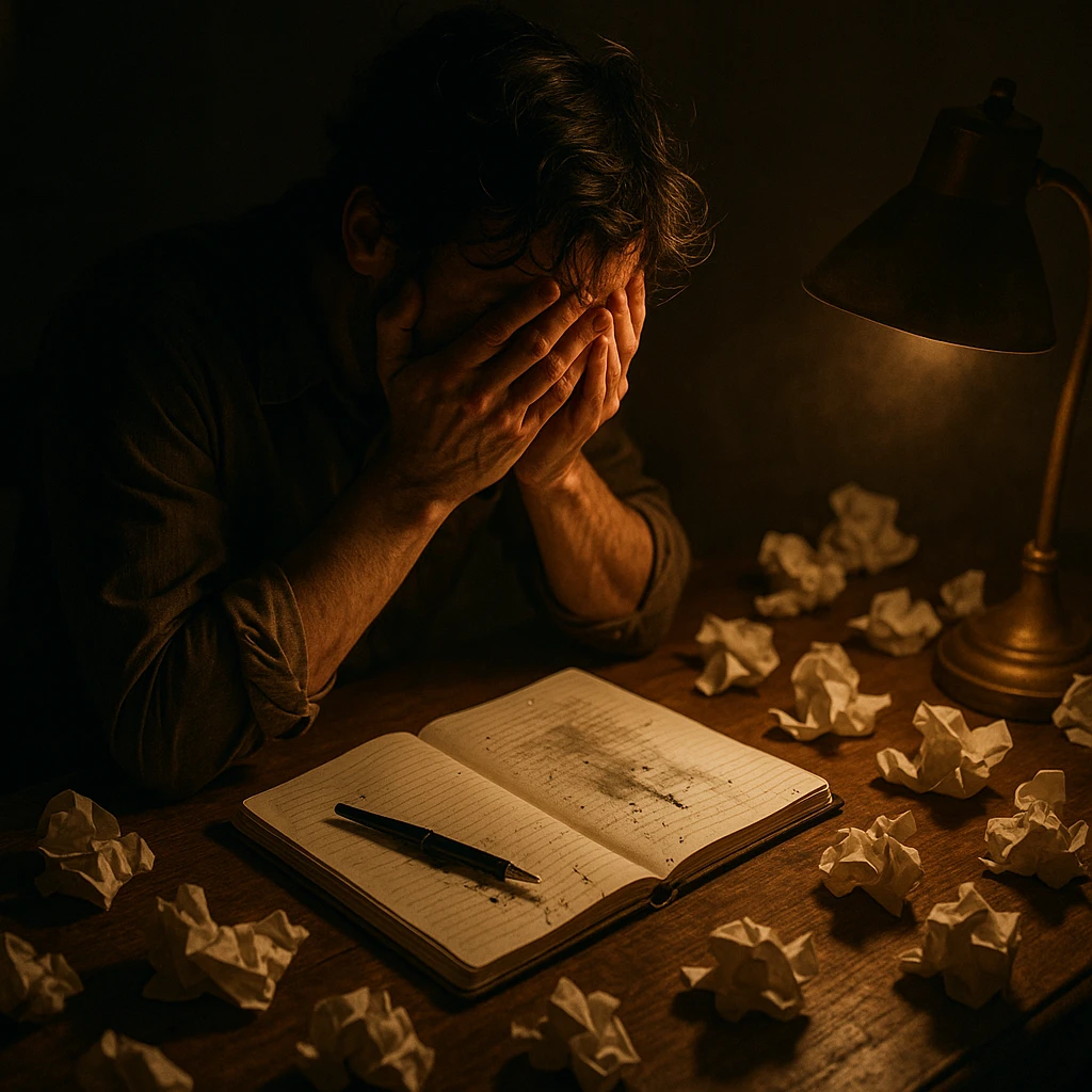 A writer at a wooden desk, head in hands, crying over a notebook. Warm lamp casts dramatic shadows. Crumpled papers everywhere. Emotional, cinematic mood, ink smudged by tears. emoji