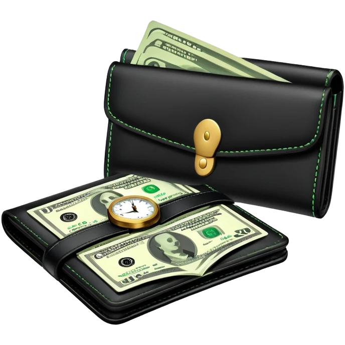 black wallet with green dollar bills visible inside and a small clock in top right corner positioned over the wallet emoji