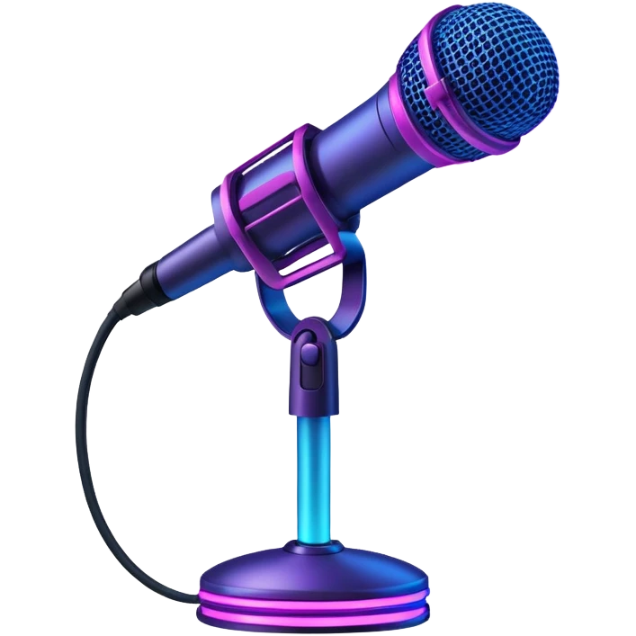 desktop studio microphone in profile view with neon glow effect, blue and purple neon glow on top left, pink neon glow on bottom right emoji