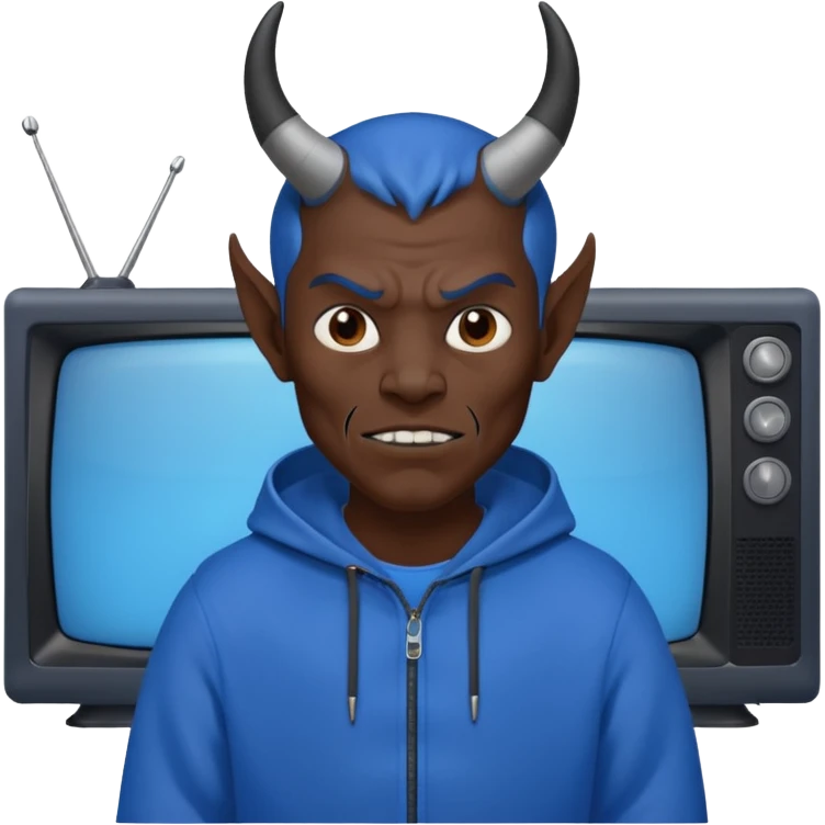 Vox the demon with a TV as his head wearing all blue emoji