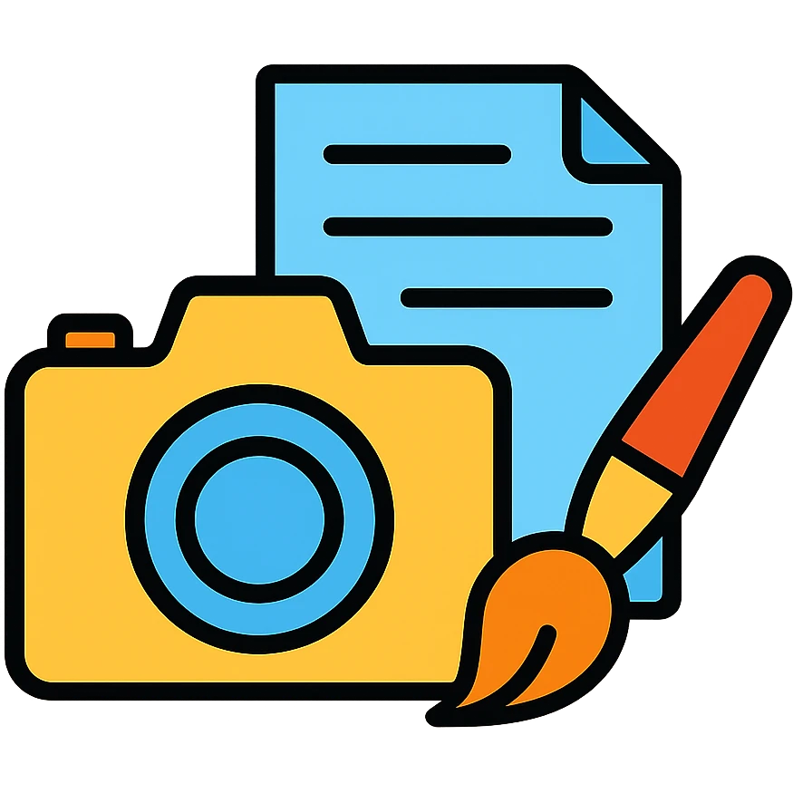 Content creation icon with camera, document, and paintbrush showing multimedia content production emoji
