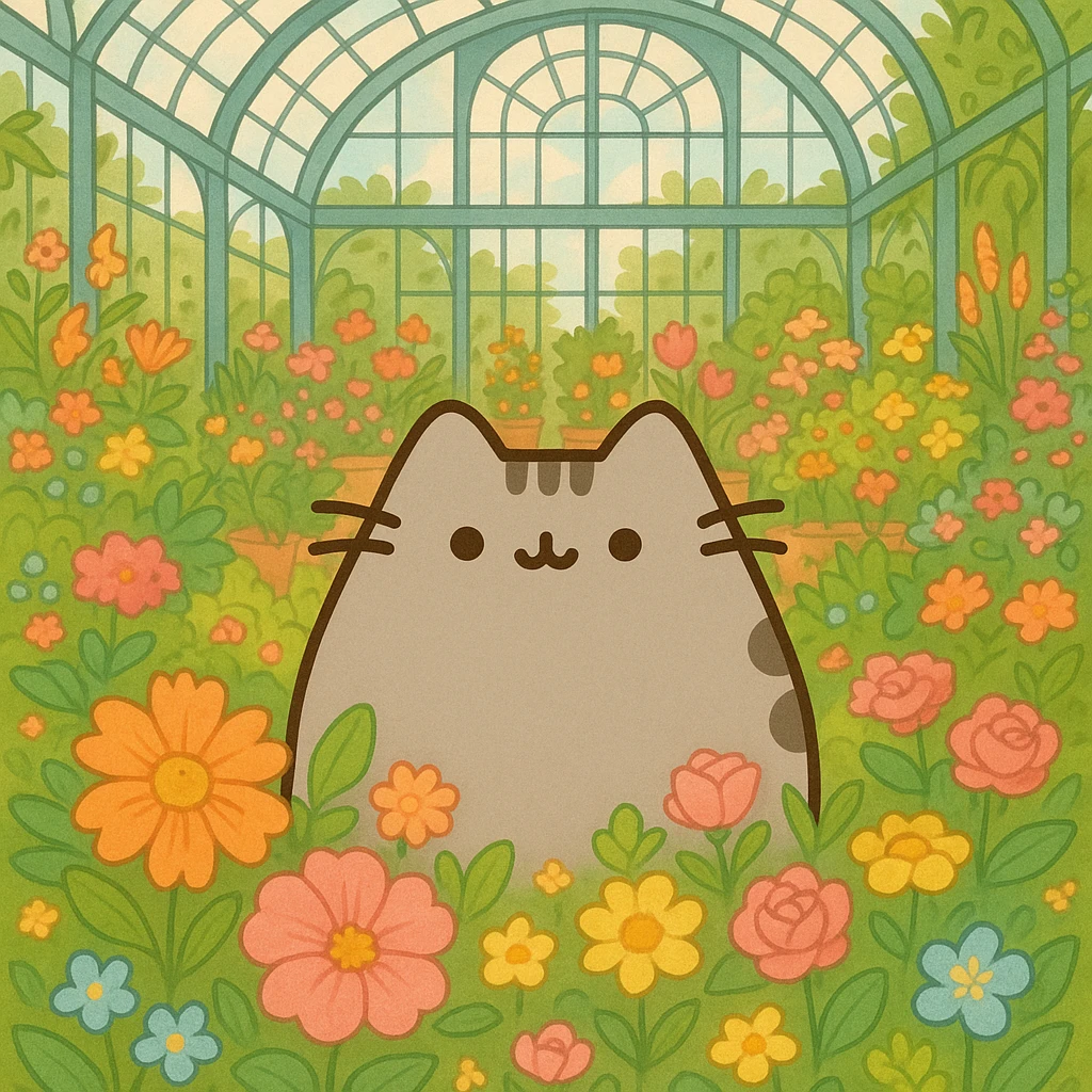 pusheen cat surrounded by flowers in a botanical garden greenhouse emoji